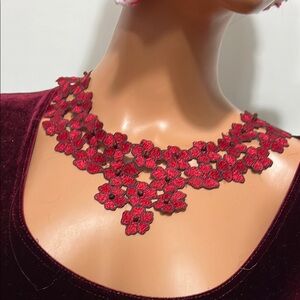 Red Small Floral Textile Jewelry  Bib Bohemian Embroidery Lace  Necklace